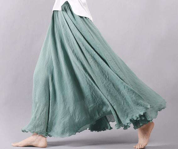 Women Linen Cotton Long Skirts Elastic Waist Pleated Boho Style ...