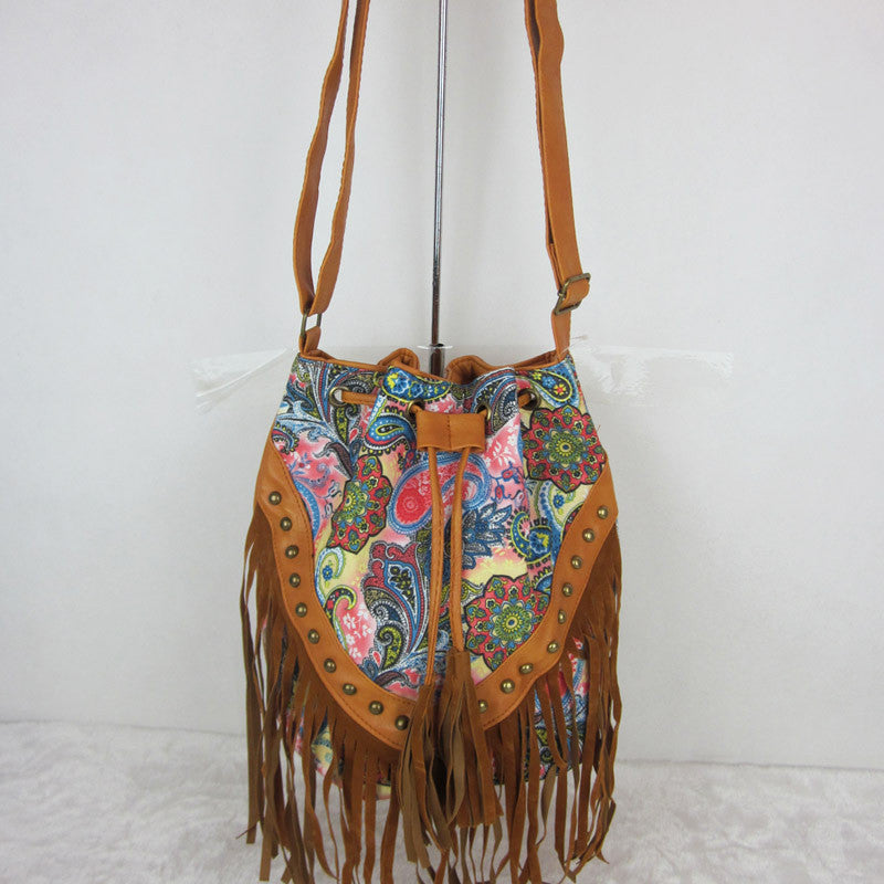 Drawstring Bucket Bag Faux Fringe Tassel Shoulder Bag Boho Style ...