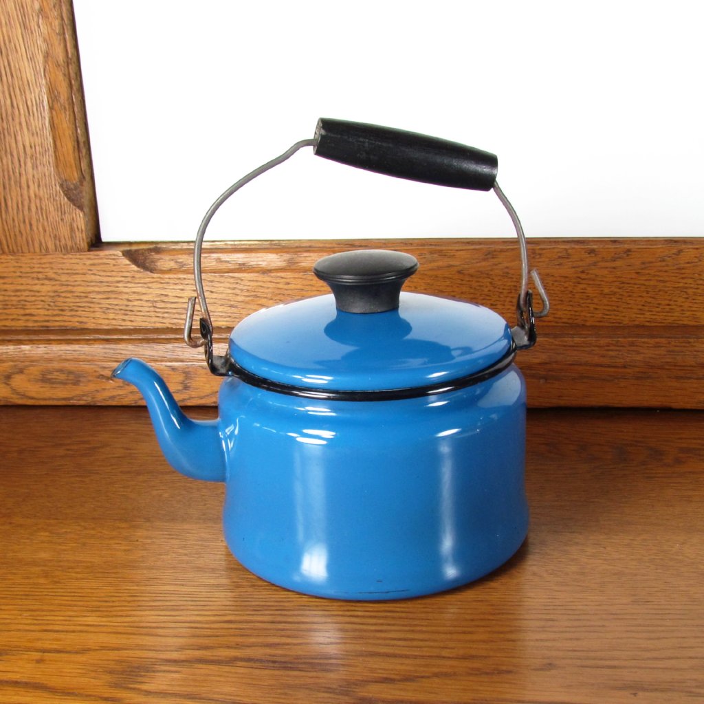 Vintage Enamelware Large Lidded Cooking Kettle Pot Light Blue Teal Color  With Black Trim Accents 6 in Tall by 10 in Diameter UNIQUE COLOR 