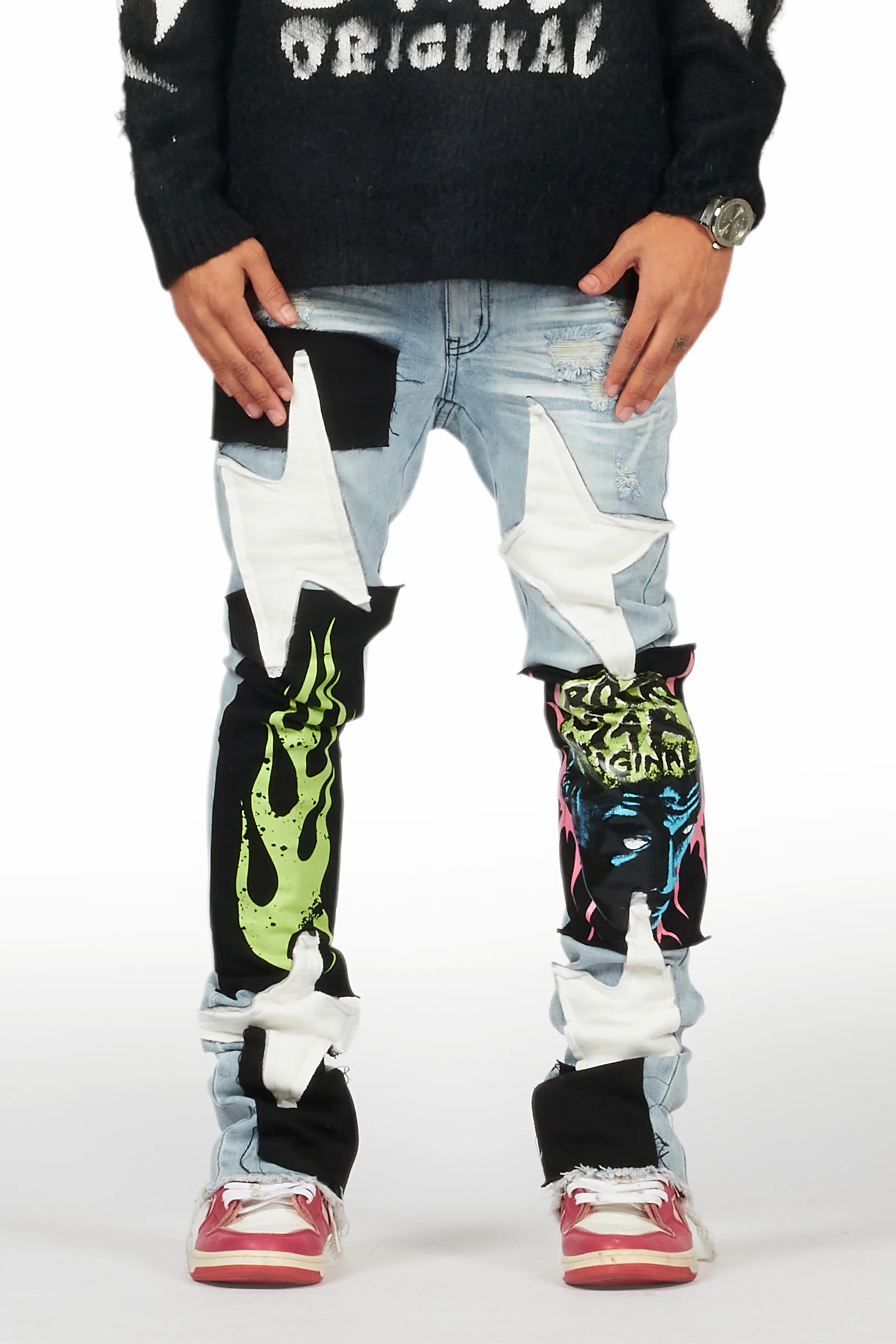 Edgar Blue Patchwork Stacked Flare Jean