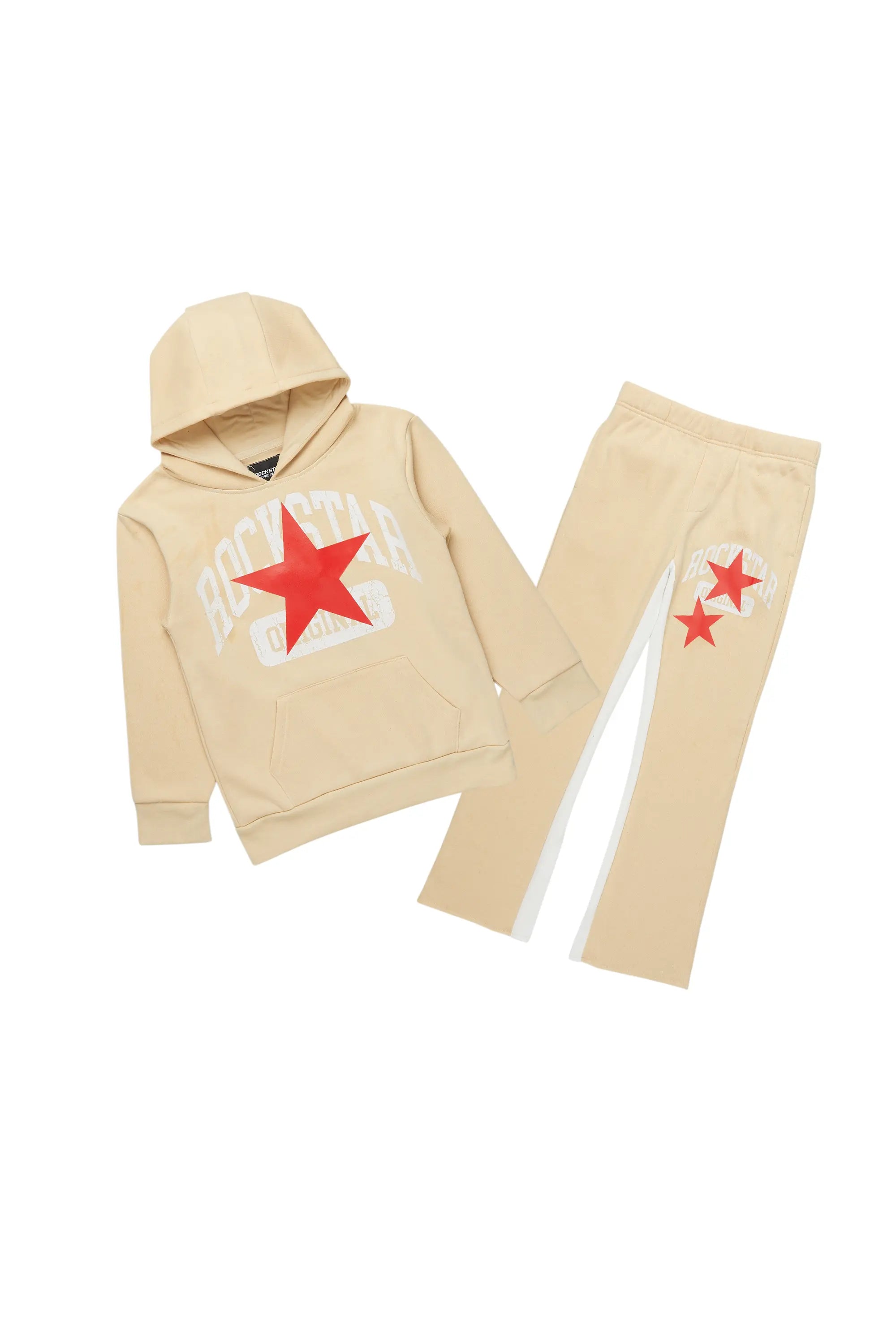 Boys States Beige Stacked Hoodie Track Set