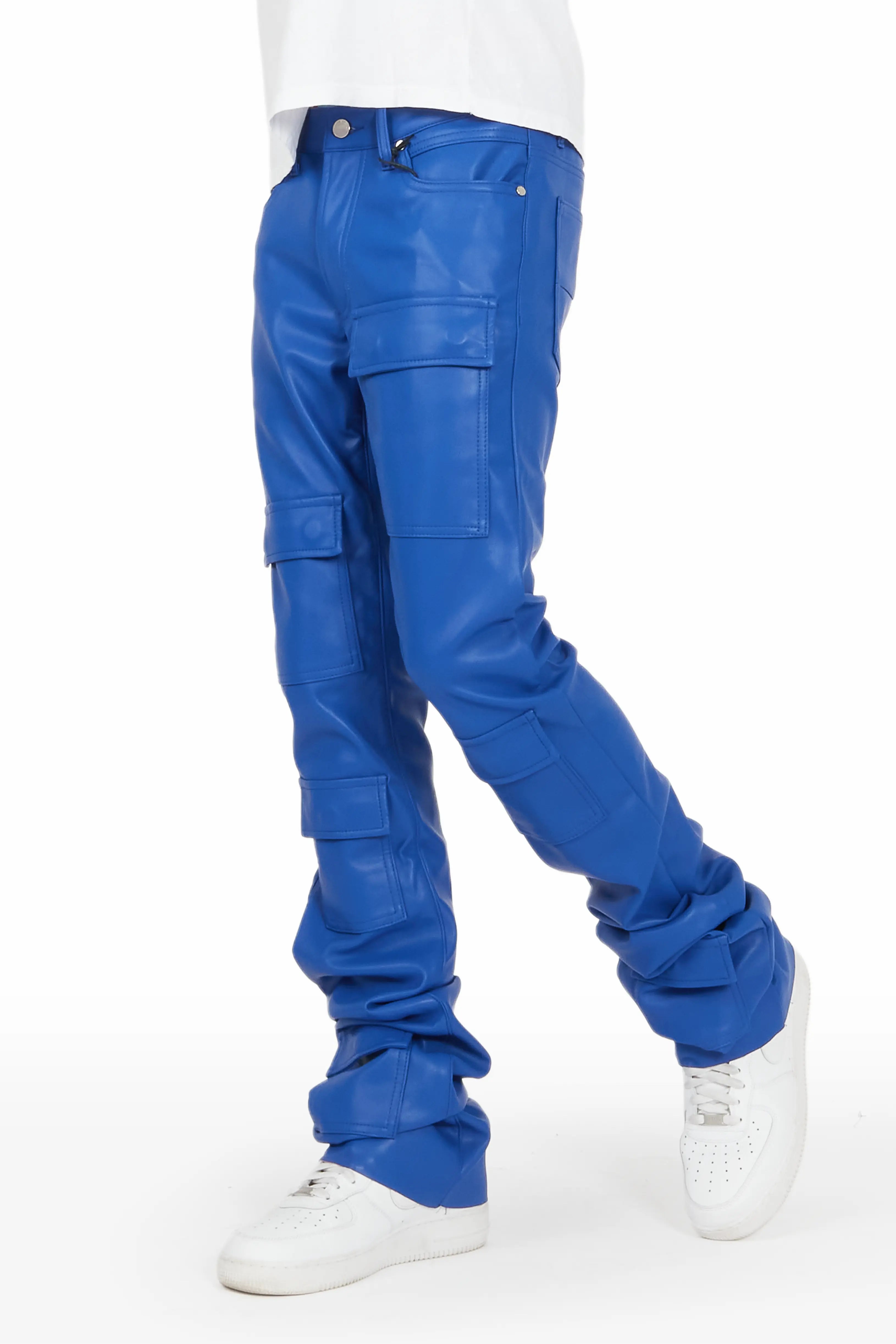 Leather Stacked Pants Men's: Faux Leather Stacked Denim