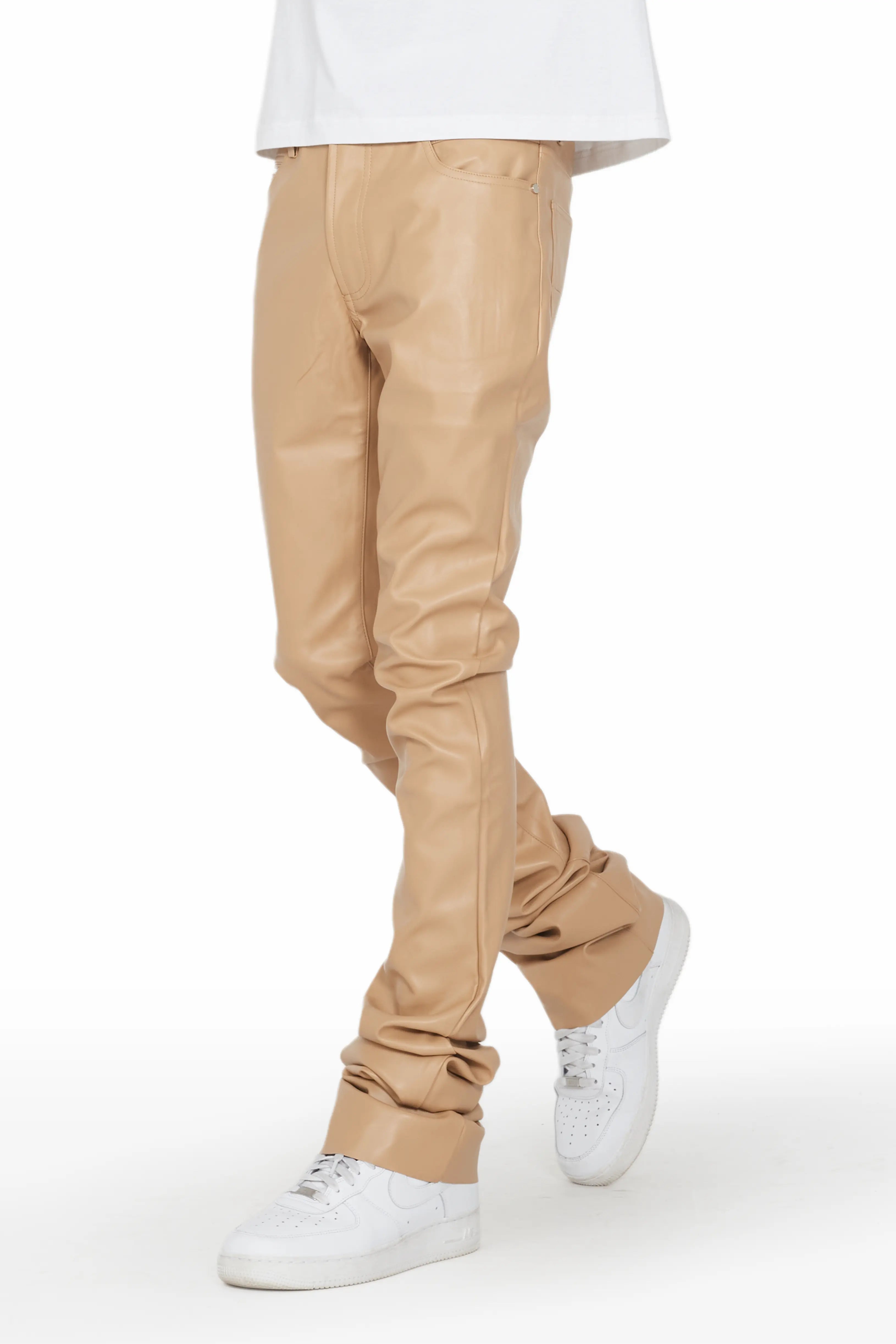 Leather Stacked Pants Men's: Faux Leather Stacked Denim