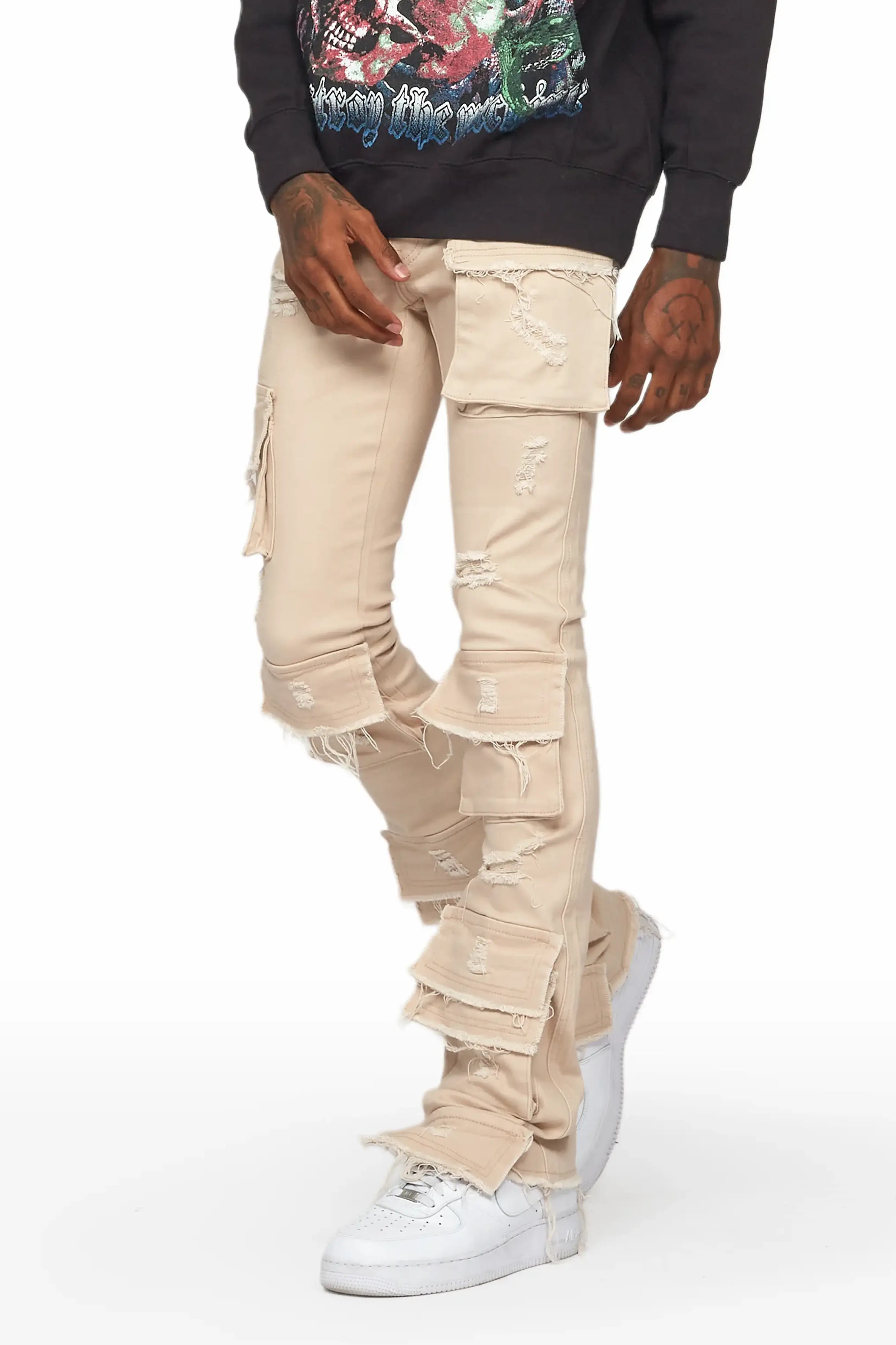 Zander Beige Stacked Flare Cargo Jean