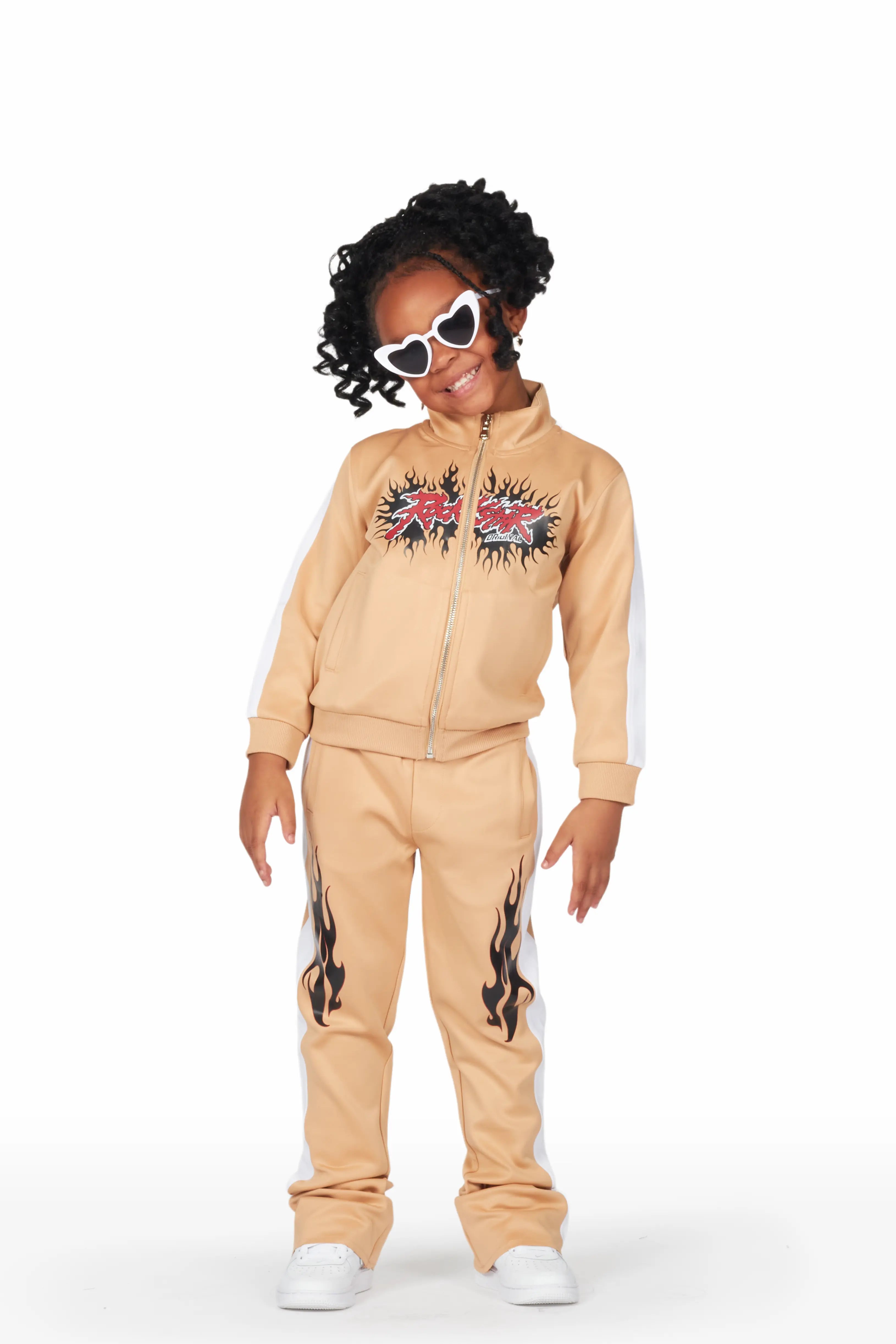 Girls Tisha Beige Tricot Super Stack Flare Track Set