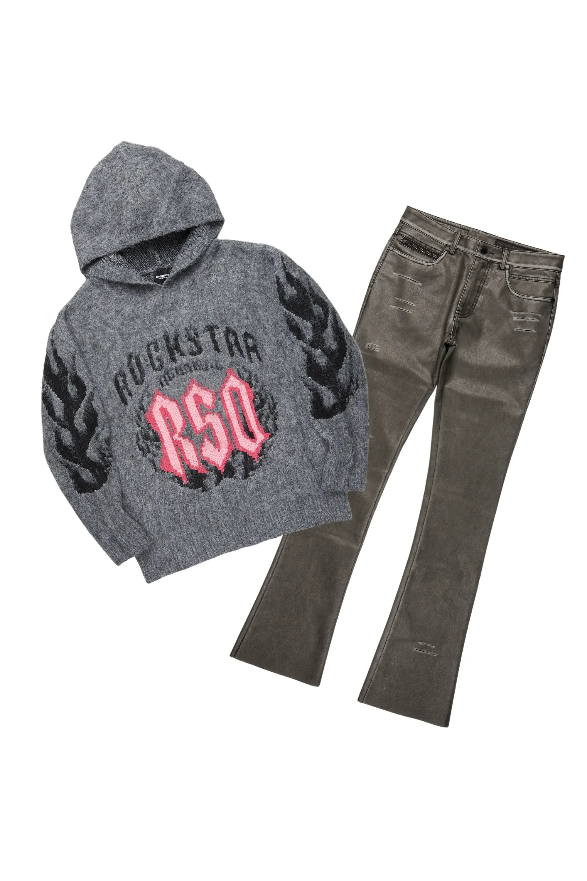 Boaz Black Hoodie & Deco Stacked Flare PU Jean Bundle