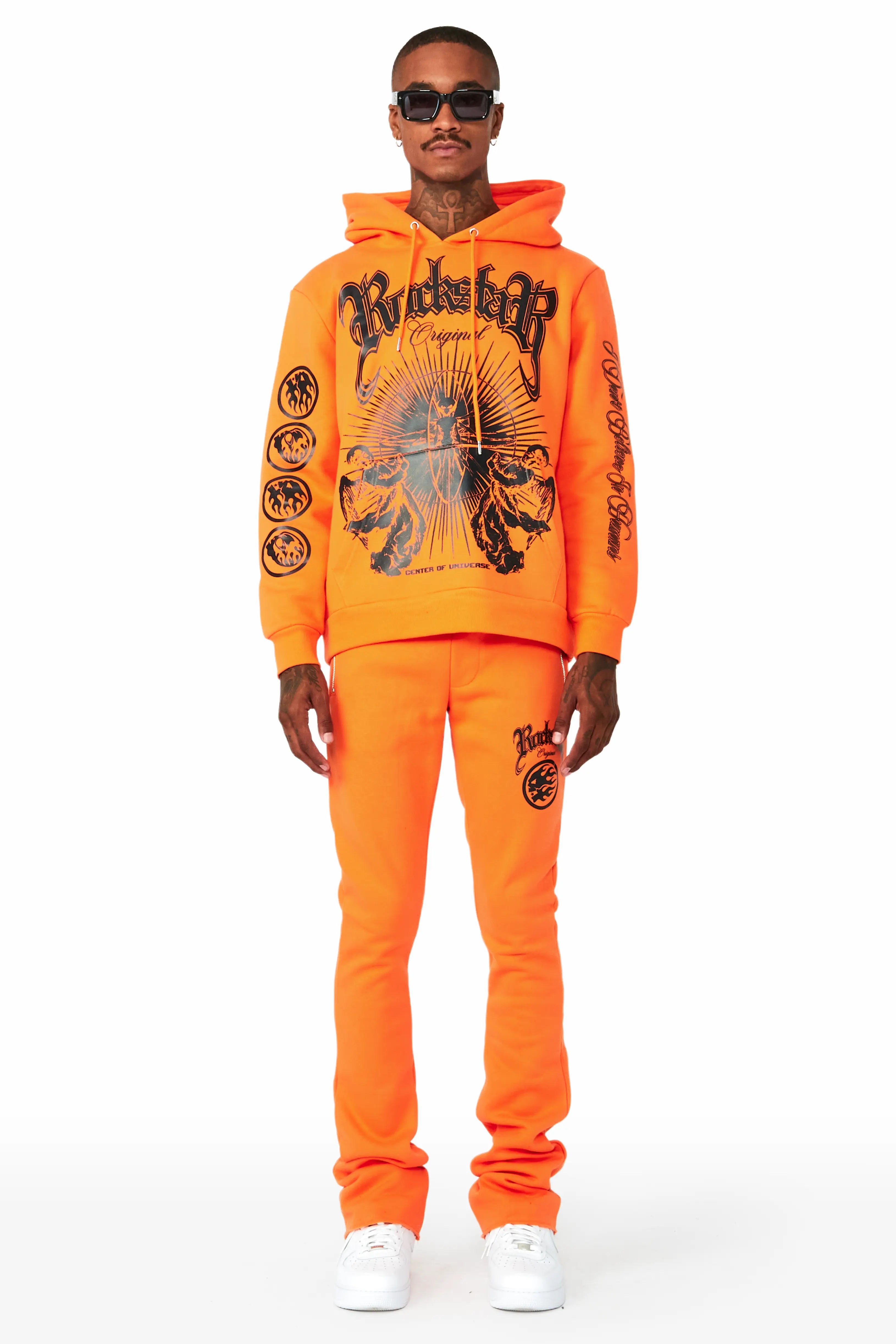 Yarden Orange Graphic Hoodie/Stacked Flare Pant Track Set