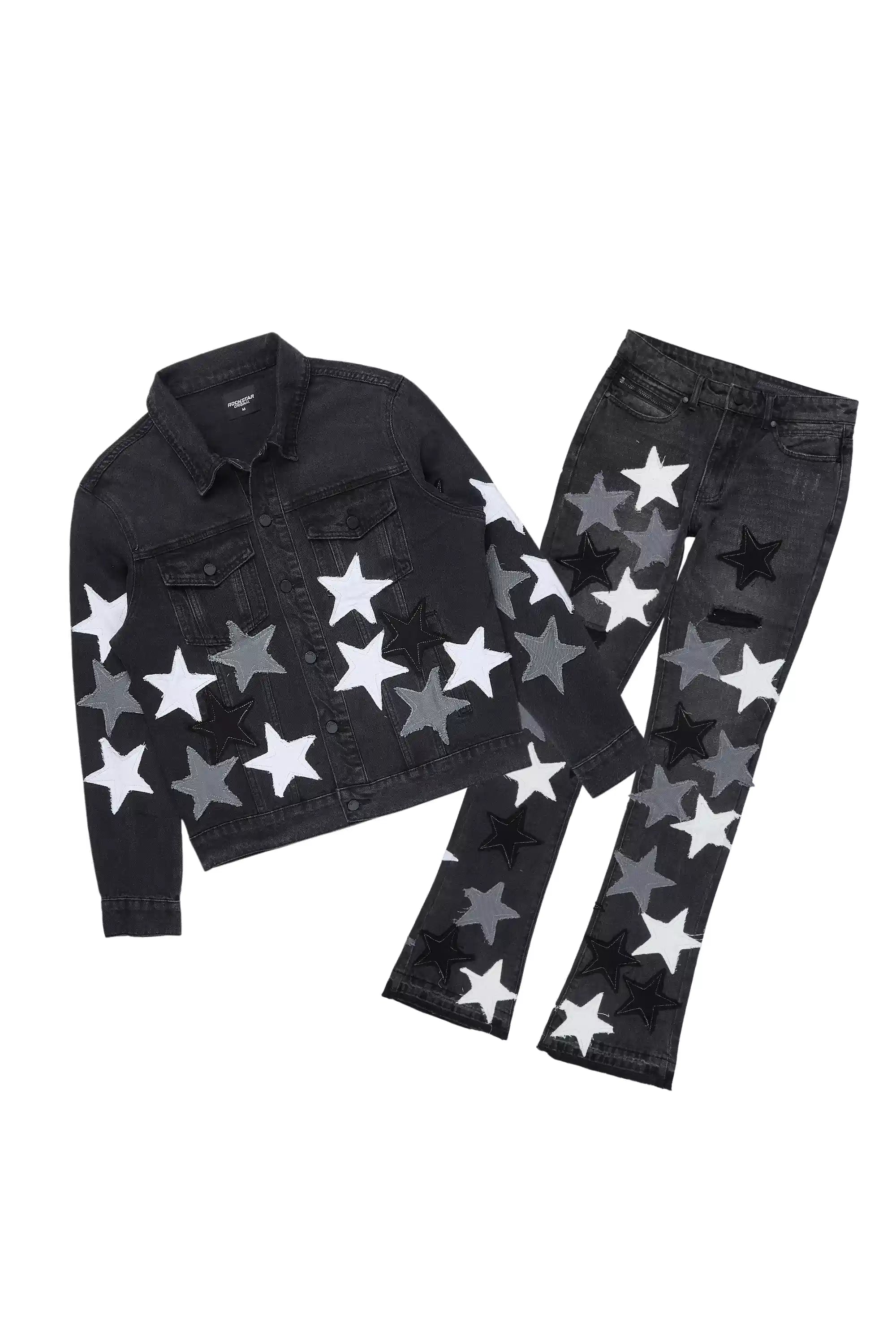 Starlane Jet Black Denim Jacket/Stacked Flare Jean Set