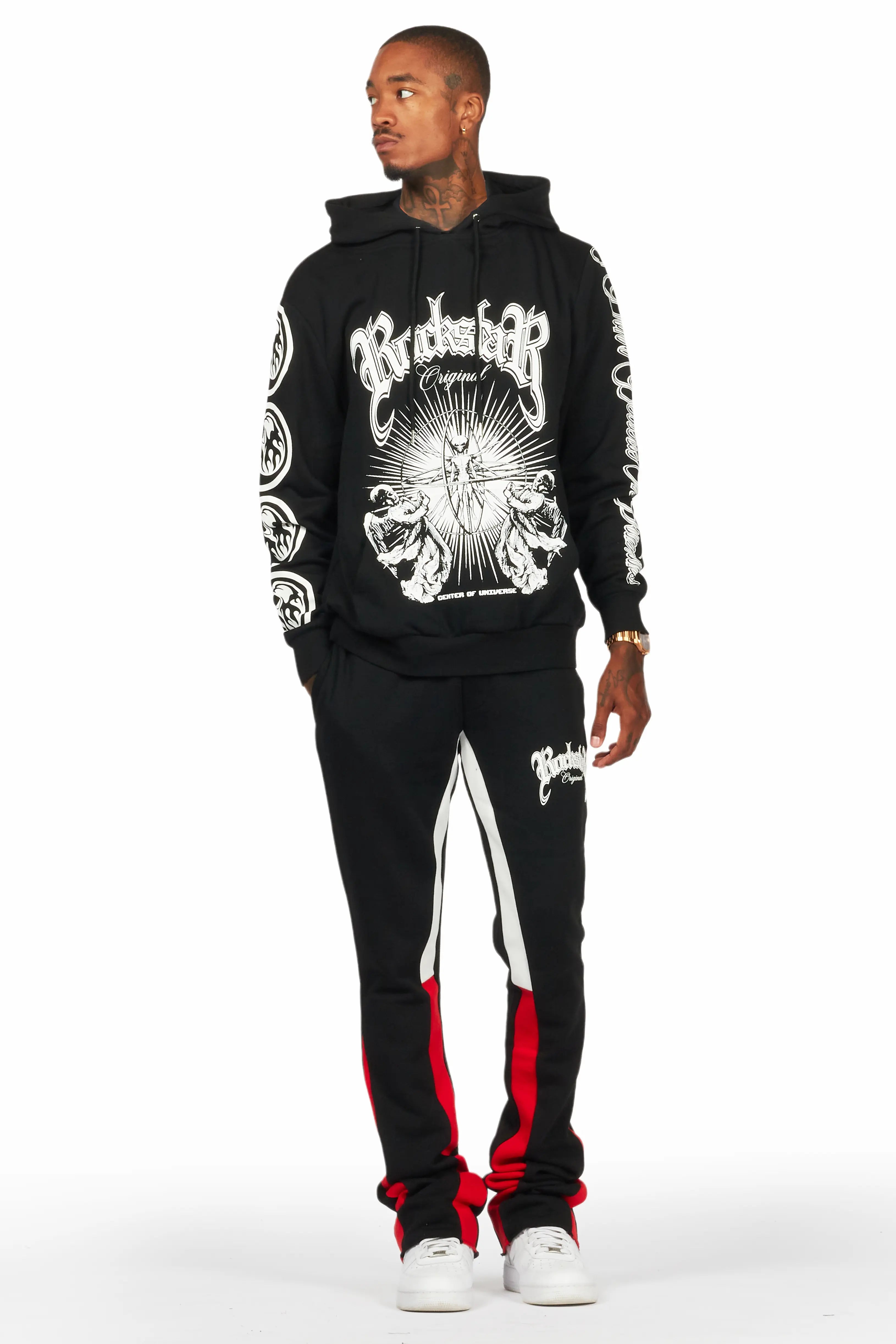 Yarden Black/Red Graphic Hoodie/Stacked Flare Pant Track Set