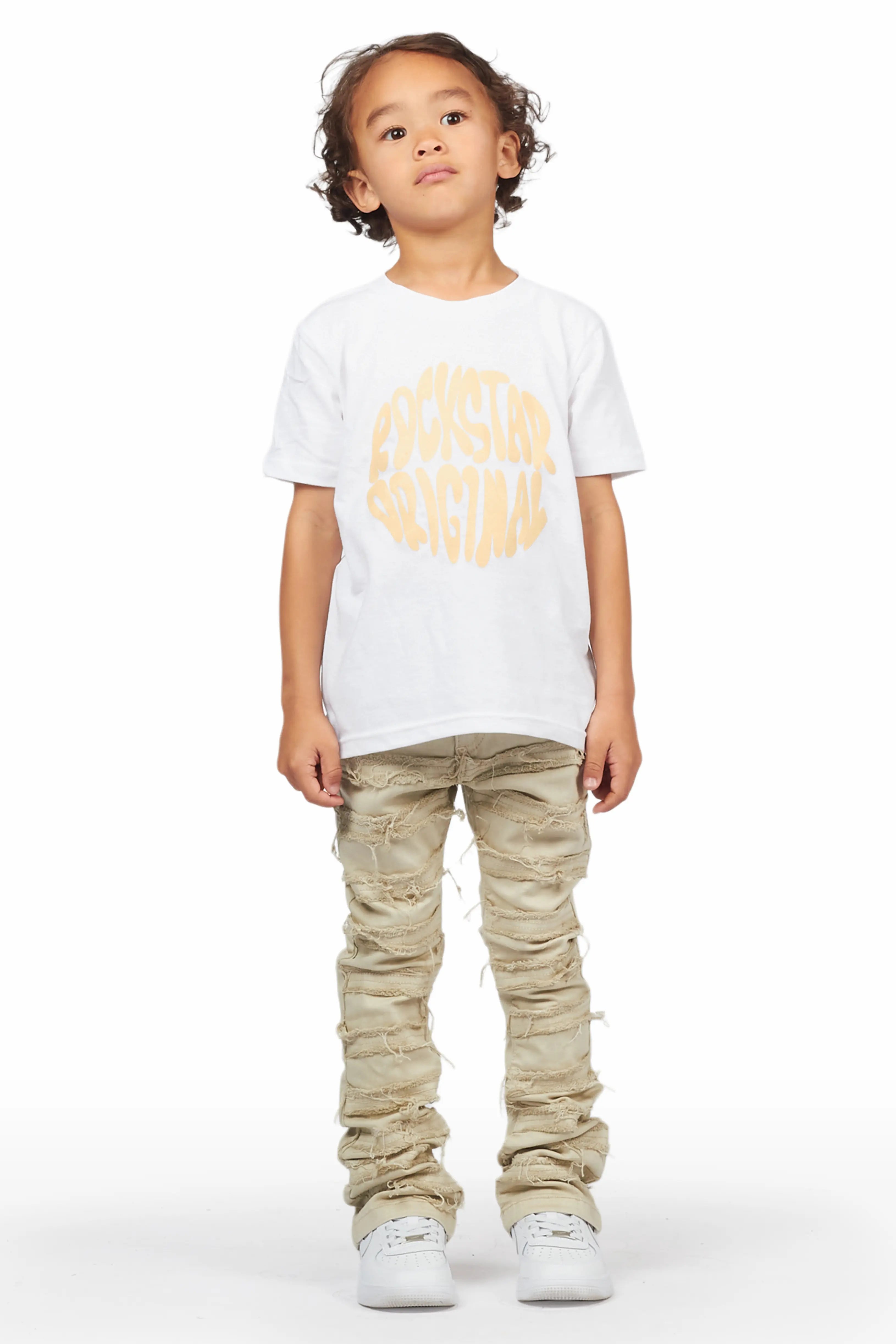 Boys Qabil White T-Shirt/Frayed Skinny Stacked Flare Jean Set