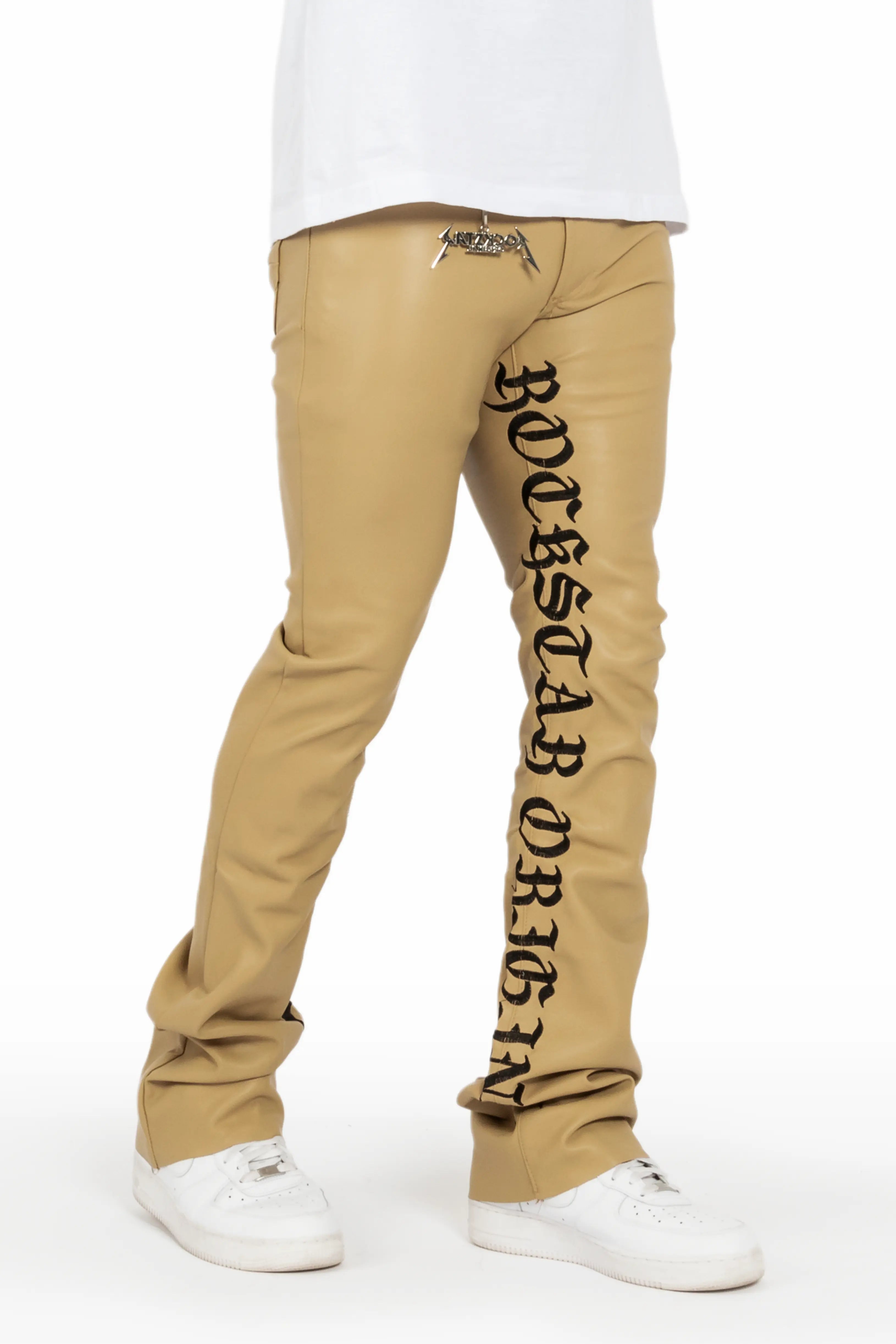 Leather Stacked Pants Men's: Faux Leather Stacked Denim