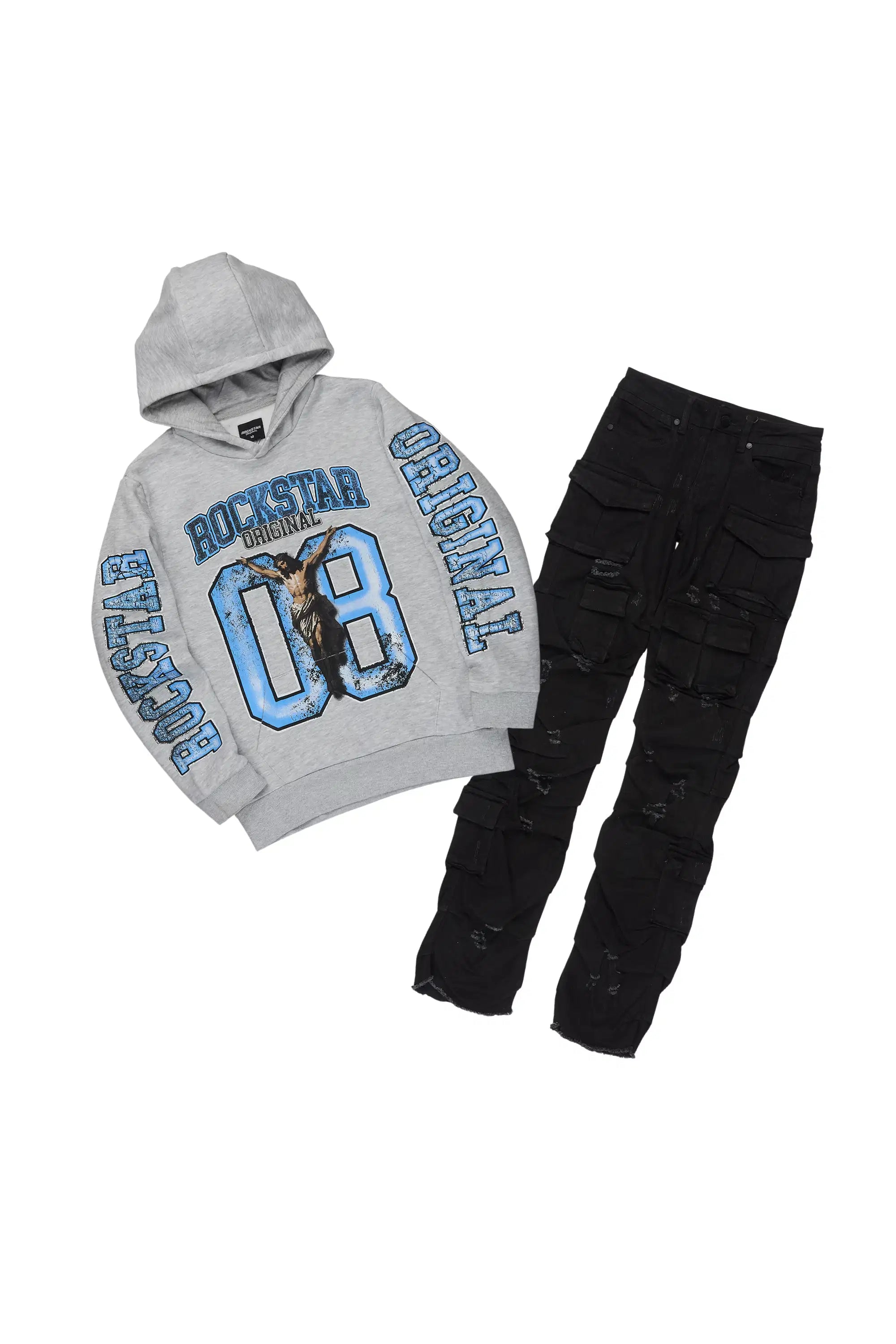Boys Fields Grey Hoodie & Gentry Black Stacked Jean Set