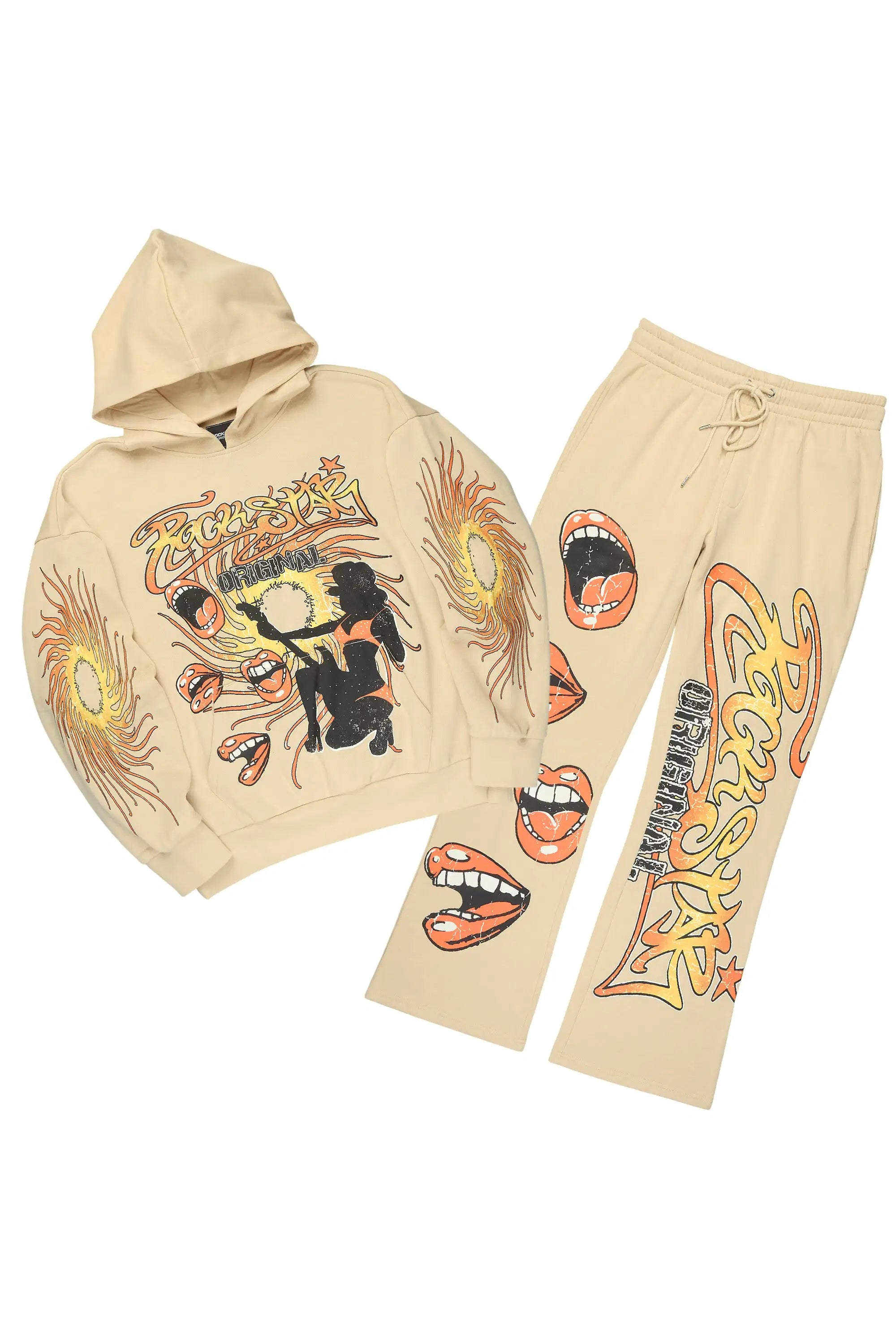 Rock n Roll Beige Hoodie/Baggy Pant Track Set