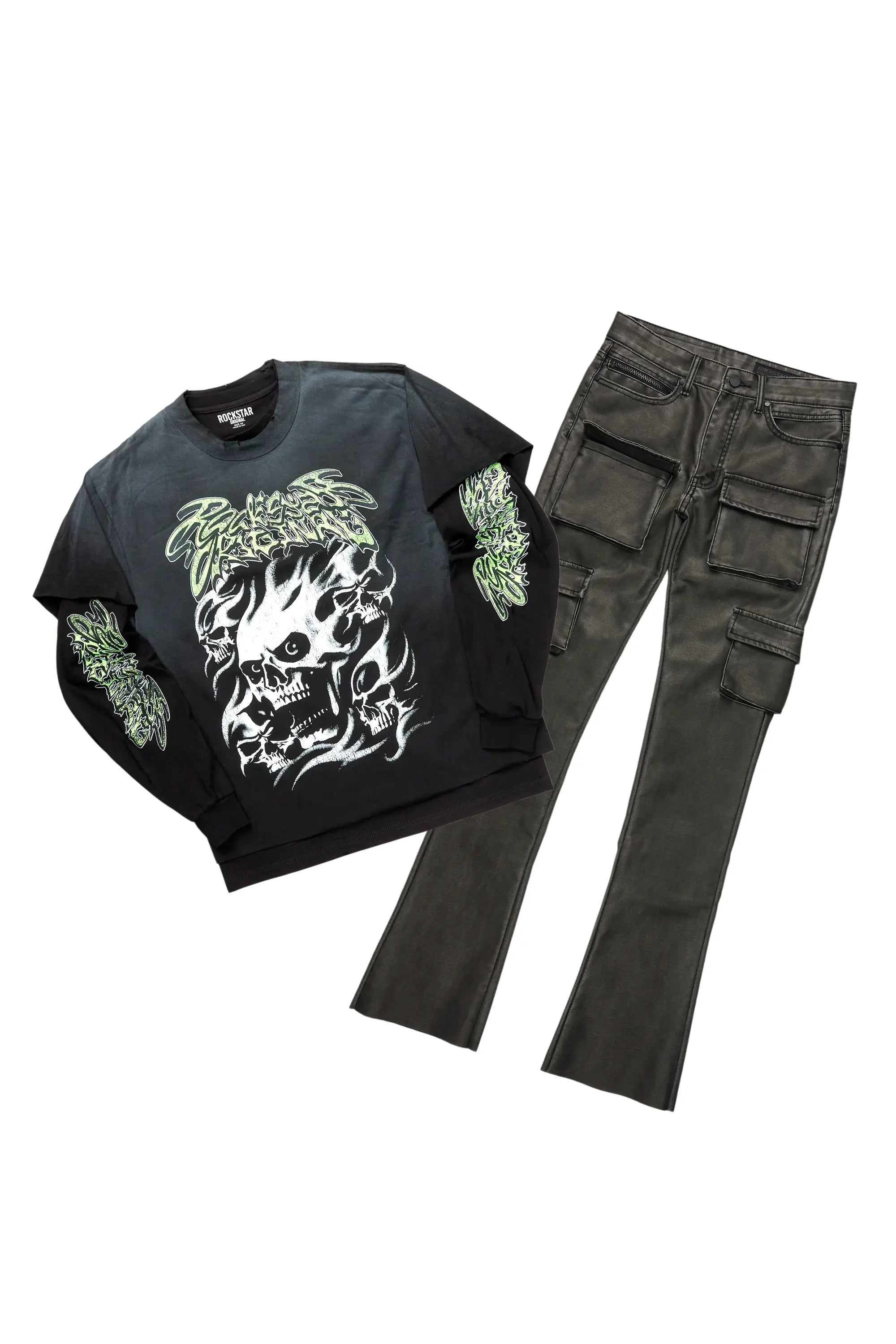 Schtupp Black Double Layer T-Shirt & Khaza Stacked Flare PU Jean Bundle