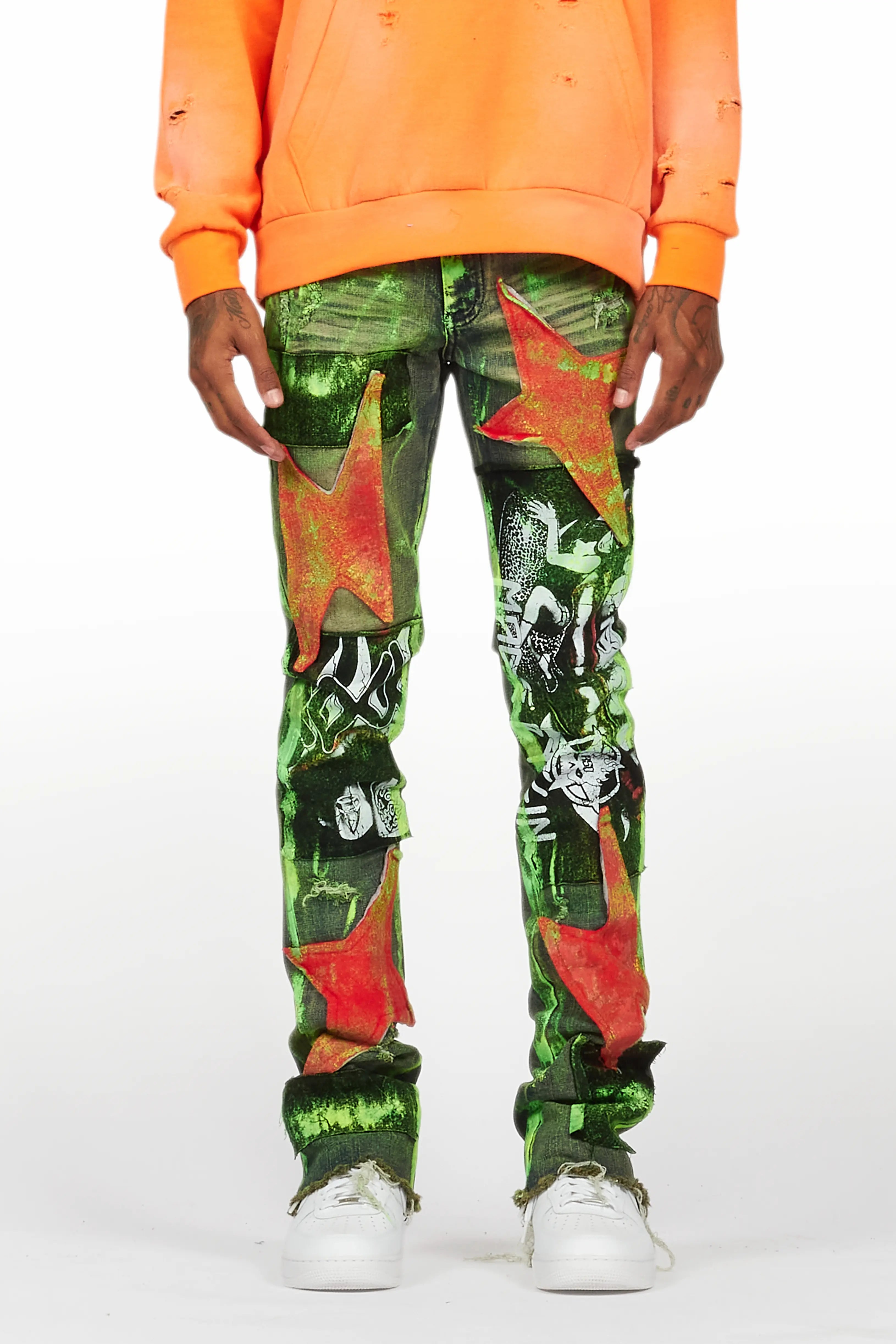 Valko Blue/Green Roller Paint Stacked Flare Jean
