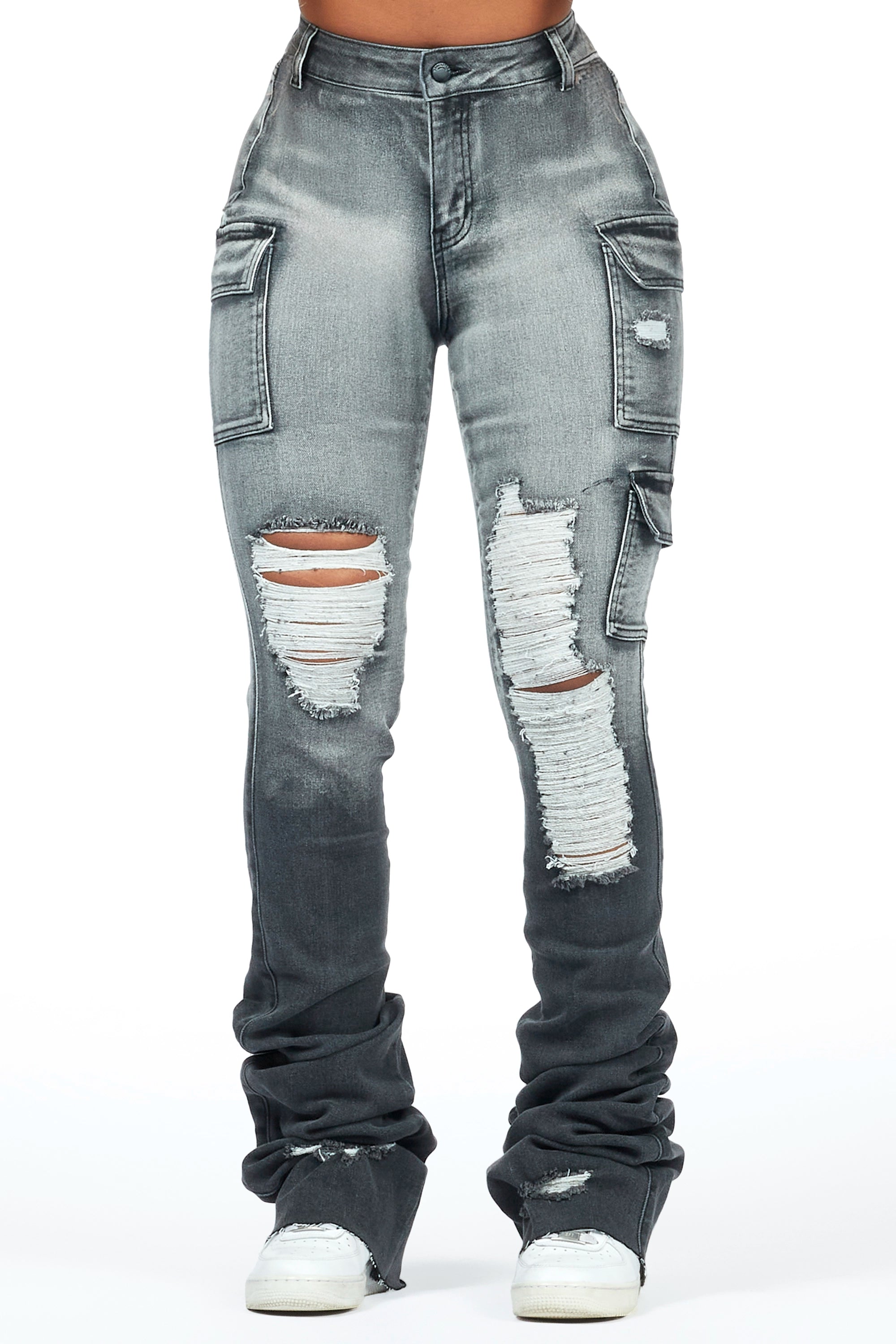 Vixen Grey Wash Distressed Cargo Super Stacked Jean