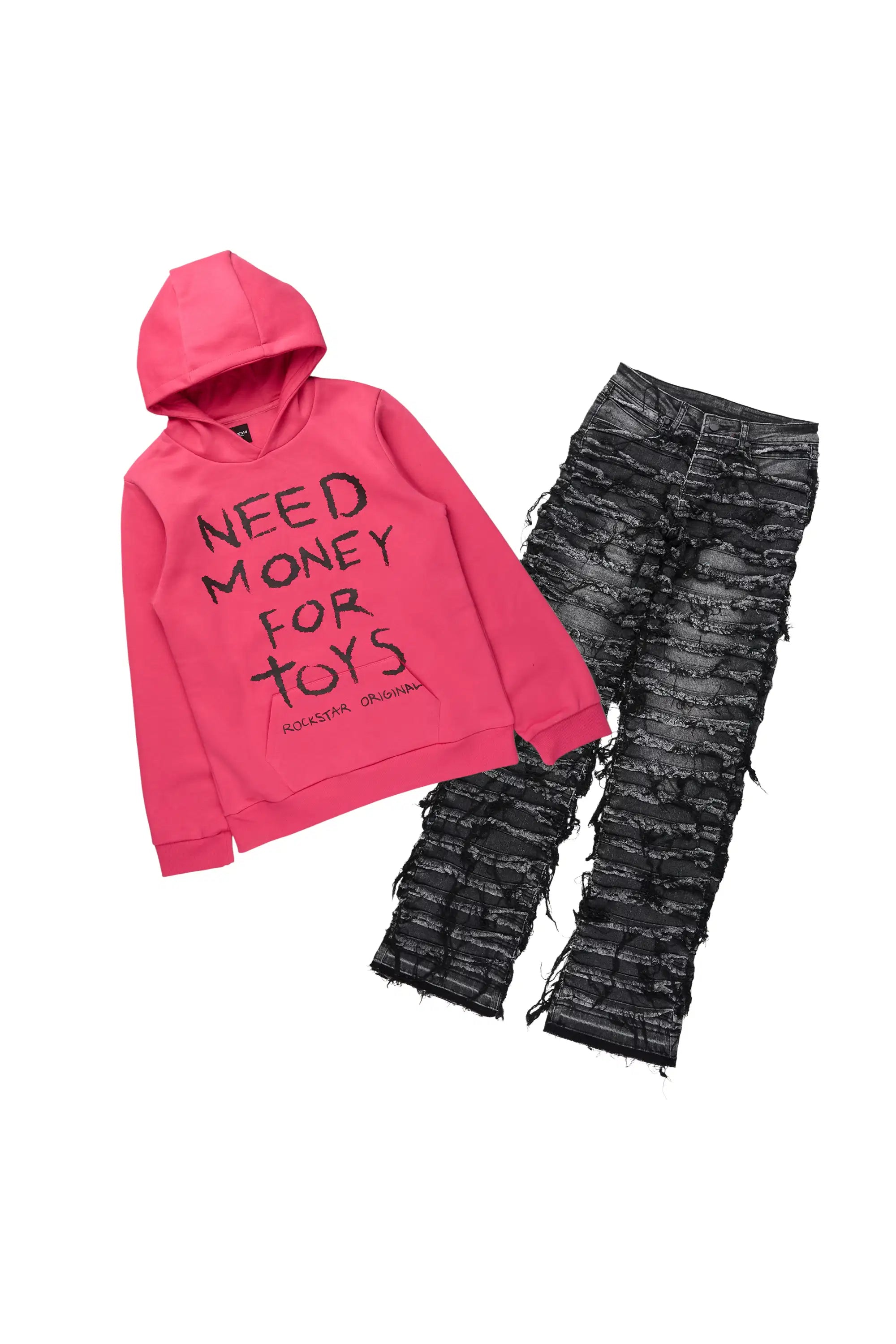 Girls M4 Toys Fuchsia Hoodie & Melany Grey Stacked Jean Set