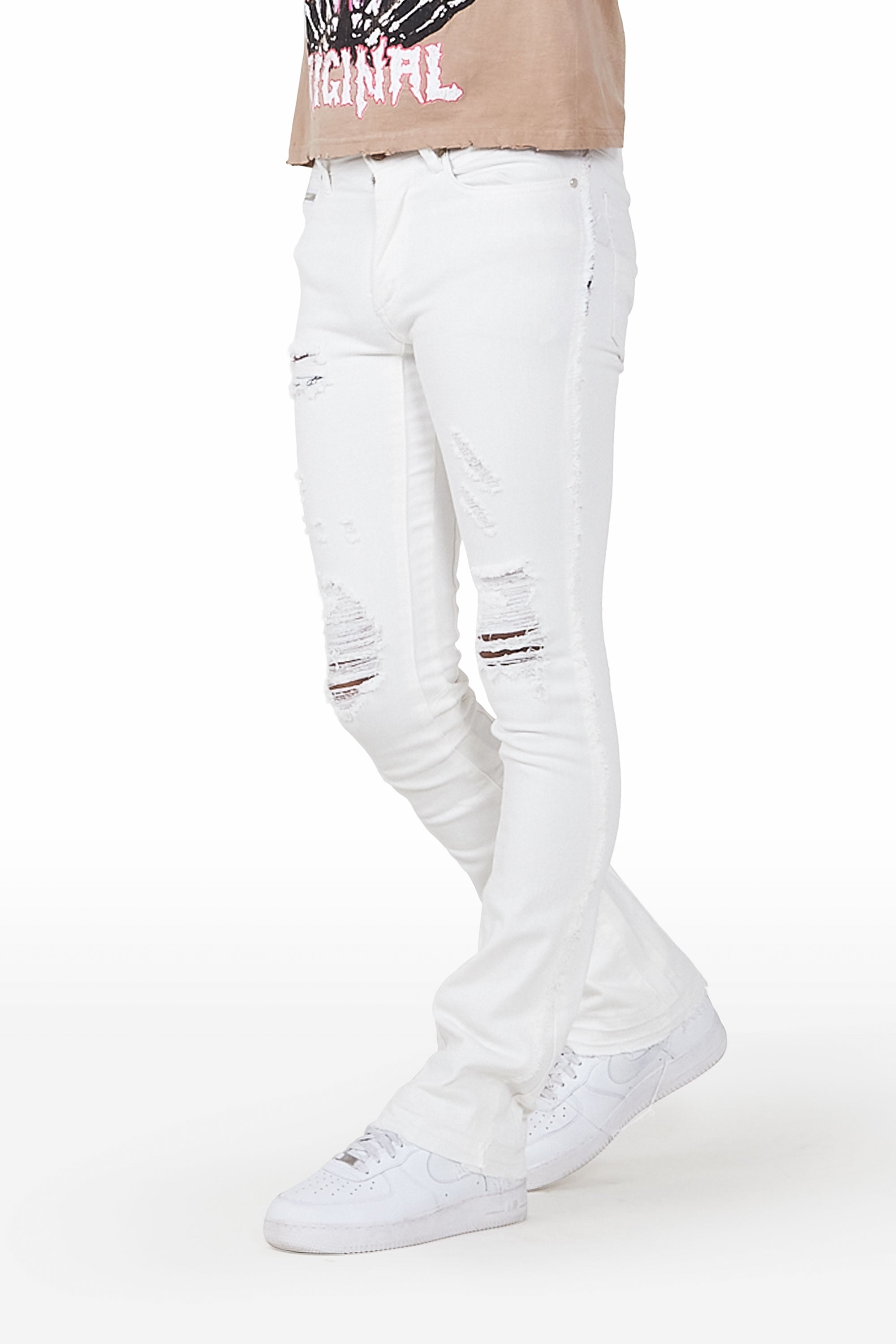 White Skinny Ripped Jeans with 20 Gold Chains, Rayarrips — RayarJeans