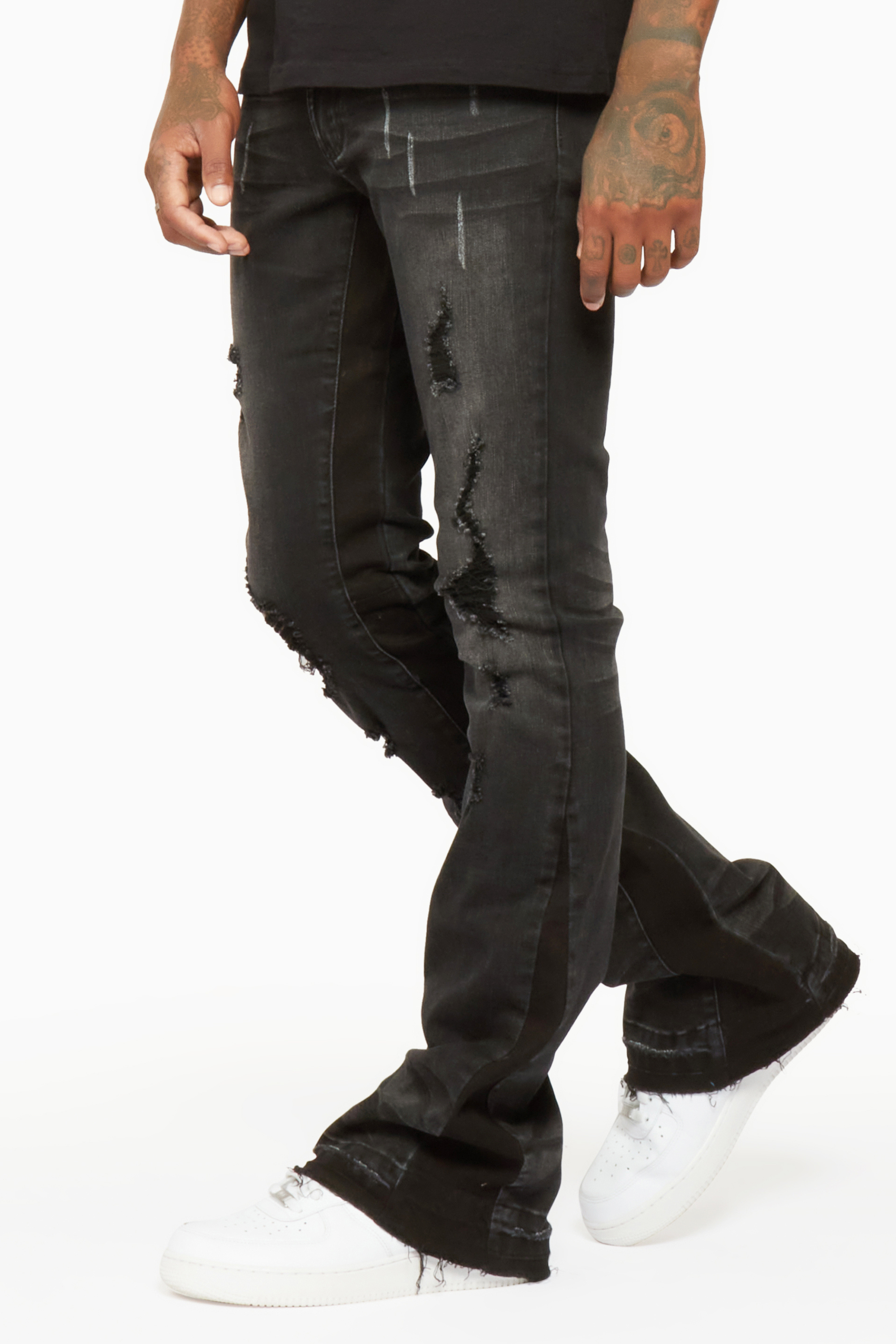 High Street Retro Black Stacked Jeans Mens With Heavy Industry