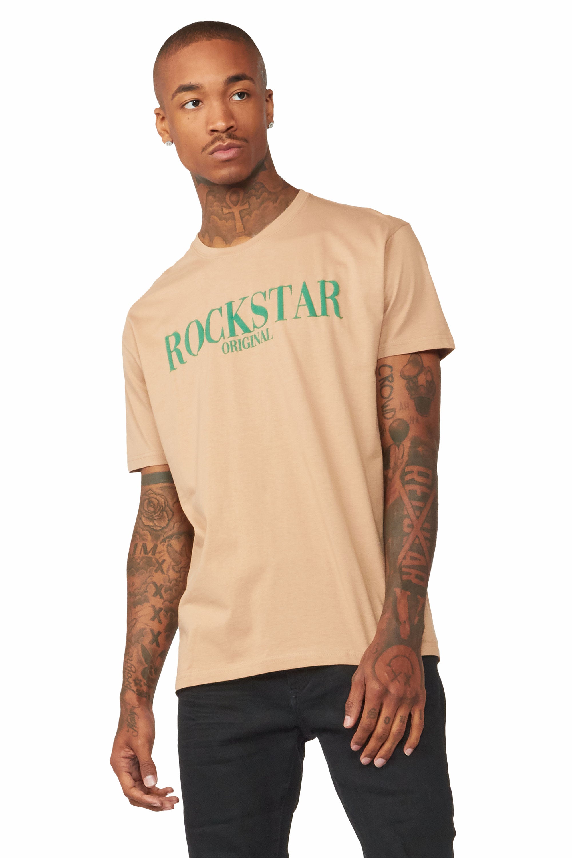 Printed Crew Neck T-shirt, Beige