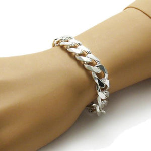 Exquisita pulsera de cadena de eslabones cubanos PLANOS de plata de ley de 14 mm (calibre 350) de Disponible en longitudes de 8 "y 9". - Señora Joyeria