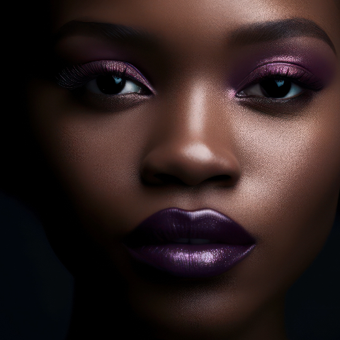 Deeper skin toned model wearing dark smoky eyeshadow and deep colored lipstick