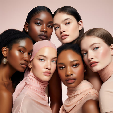 Portrait of 6 women with each representing a skin tone shade on the Fitzpatrick skin tone scale