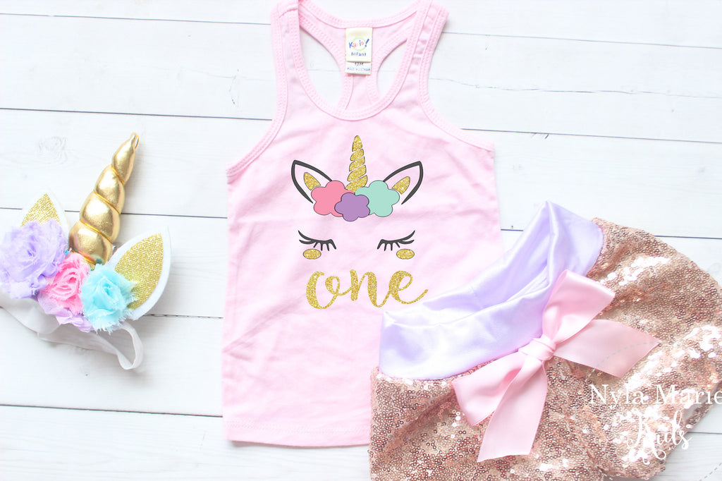 Pink And Gold Unicorn First Birthday Outfit With Baby Sequin Shorts
