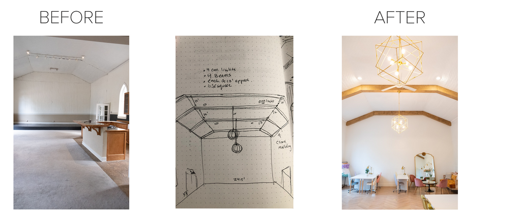 a before picture of the inside of the studio, and drawing of Lynsi's vision, an after picture of beautiful renovated studio