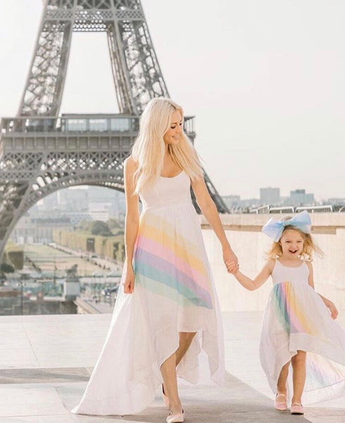 Mom and daughter in mommy and me pastel rainbow challis dresses