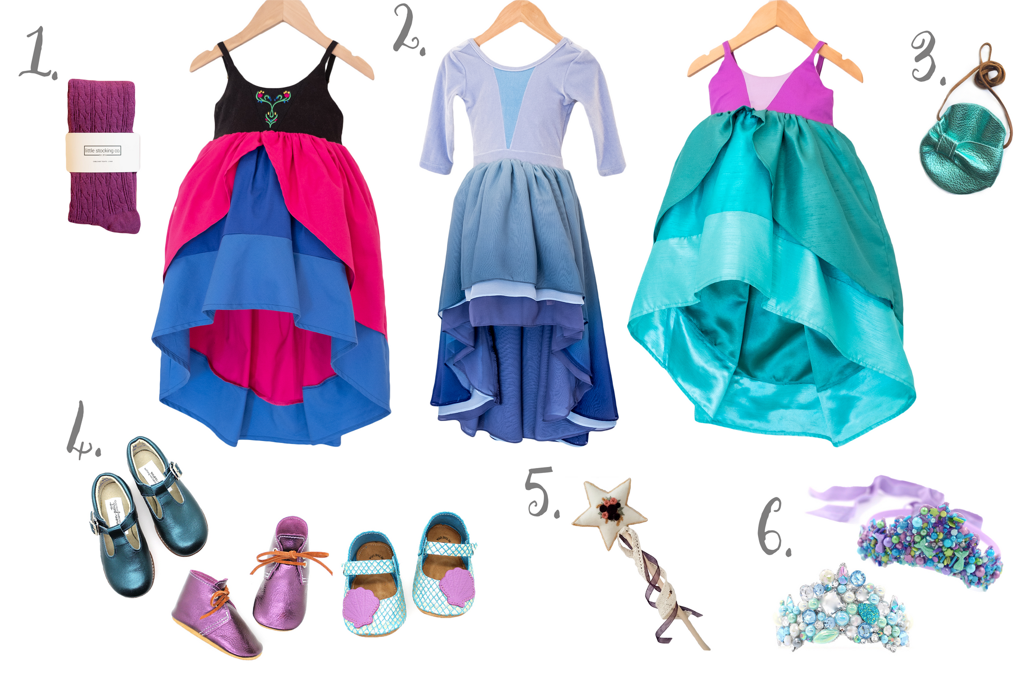 A blog collage with the princess dresses and princess accessories to go with it