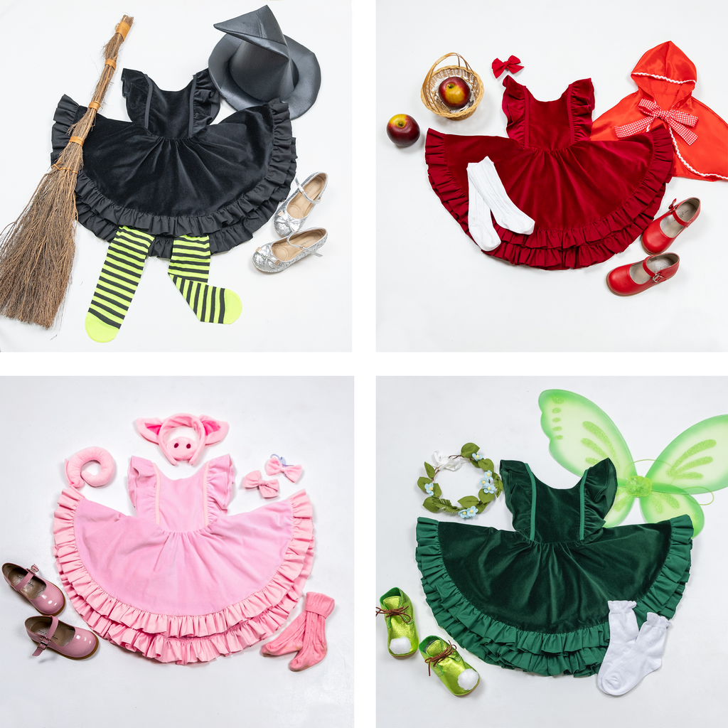 an image of the black belle as a witches costume, the pink belle as a piglet, the red belle as little red riding hood, and the green belle as a tinker belle like fairy