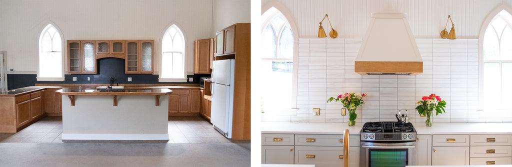 a before and after picture of the kitchen