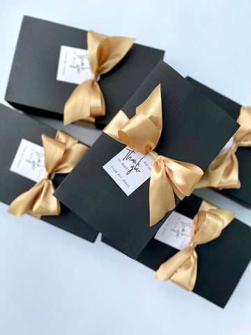 Customised gift tag delivery thank you gift appreciation colleagues black gift box gold ribbon