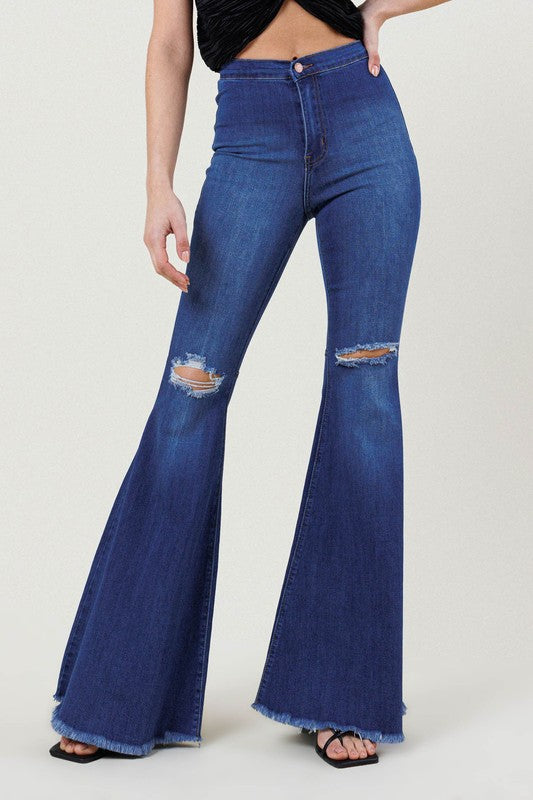 NWT women Vibrant High waisted 70s vtg distressed flare jeans denim bell  bottoms