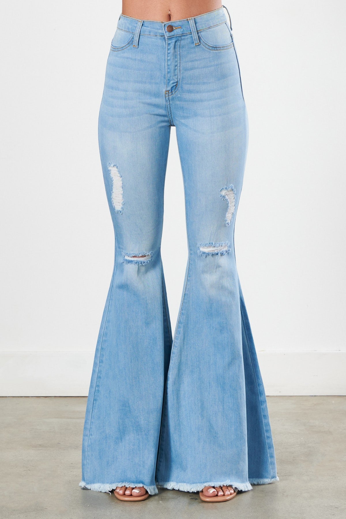 NWT Vibrant women high waist distress light blue flares jeans denim ...