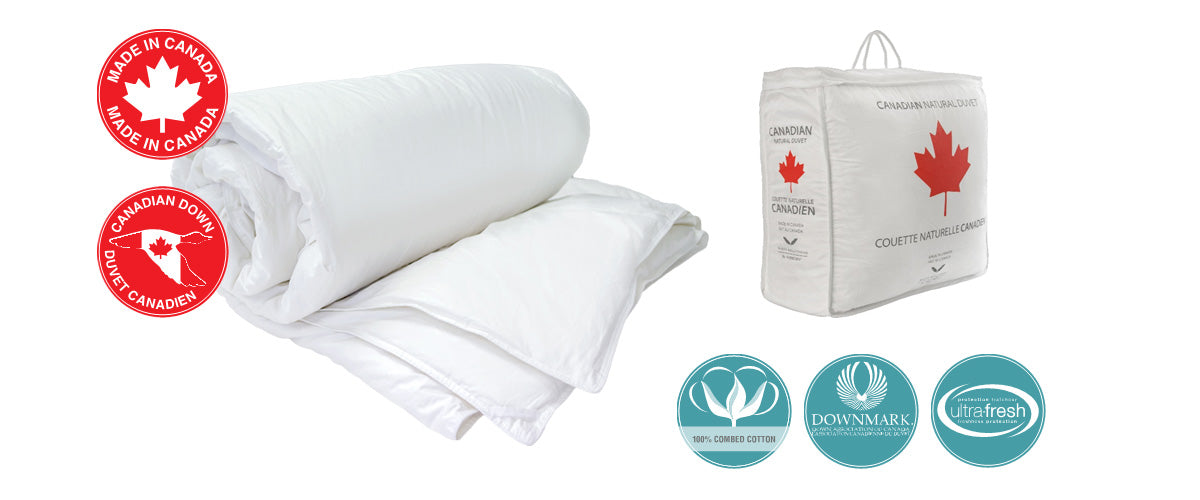 Canadian Hutterite White Goose Down Duvet Rolled with cotton bag packaging next to it