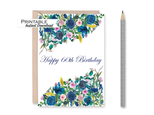 Floral 60th Birthday Card Printable - Digital Download