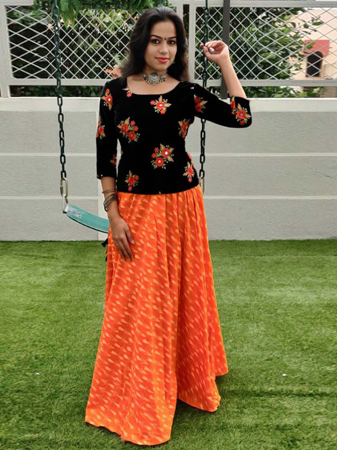 Ethnic Ikat Skirt And Velvet Top – Vedhika Fashion Studio
