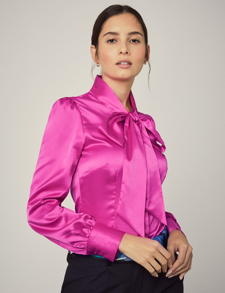 FUCHSIA FITTED SATIN BLOUSE - PUSSY BOW – miss cufflinks