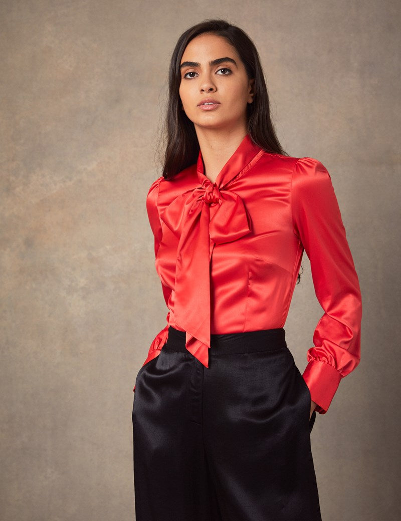 Red Fitted Satin Blouse, single cuff – miss cufflinks