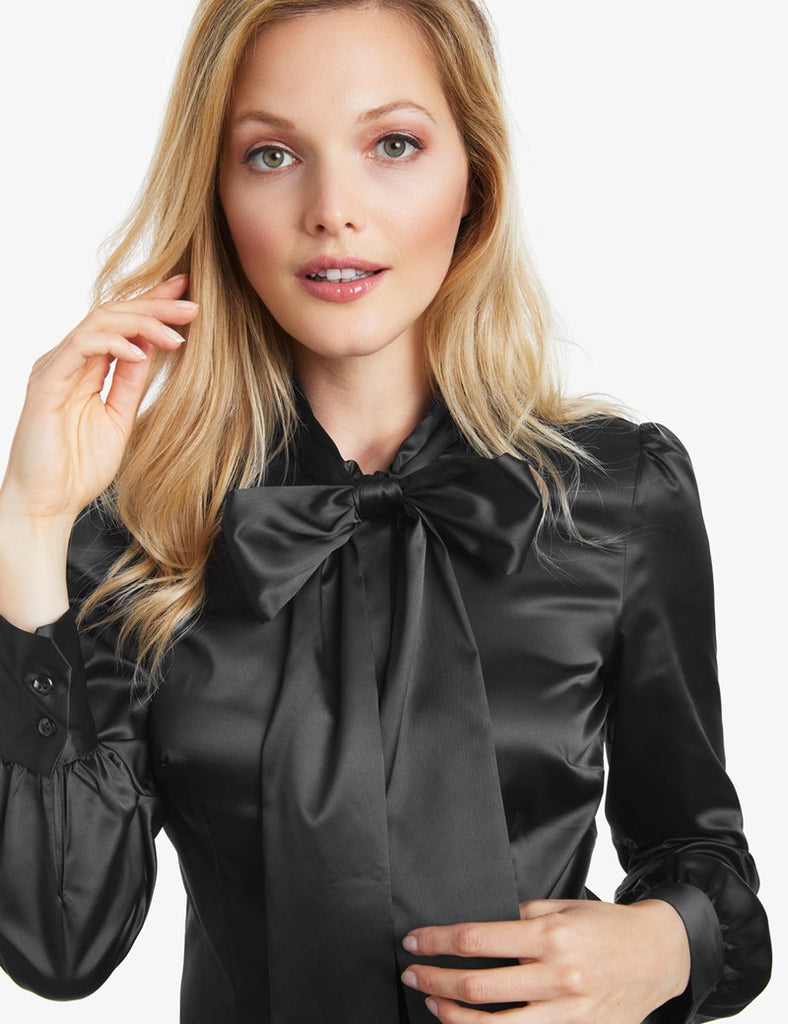 Black Fitted Satin Blouse Pussy Bow Miss Cufflinks