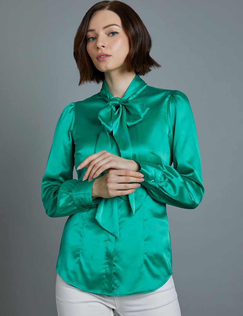 Green Fitted Satin Blouse Pussy Bow Miss Cufflinks