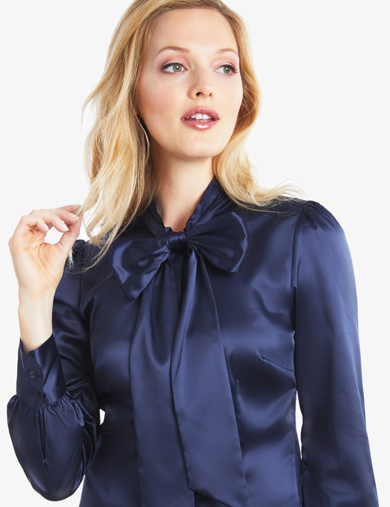 Navy Fitted Satin Blouse Pussy Bow Miss Cufflinks