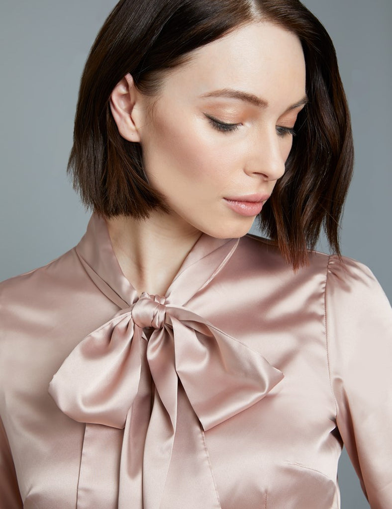 Taupe Fitted Satin Blouse Pussy Bow Miss Cufflinks
