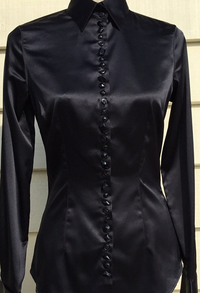 Jewellered Black Fitted Satin Shirt Double Cuff Miss Cufflinks 