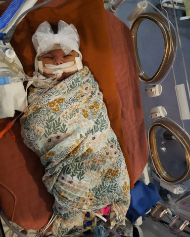 baby wrapped in blanket in nicu with bow on her head