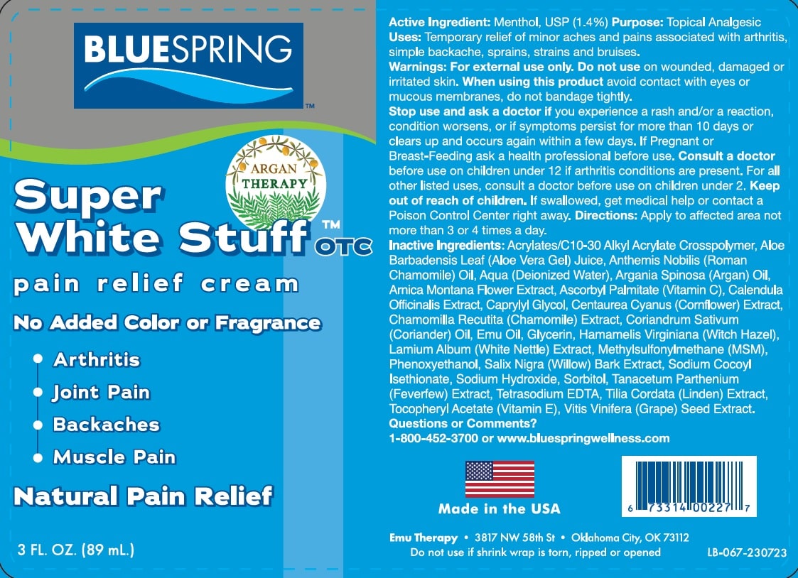 BLUESPRING brand Super White Stuff OTC Pain Relief Cream with Argan Oil