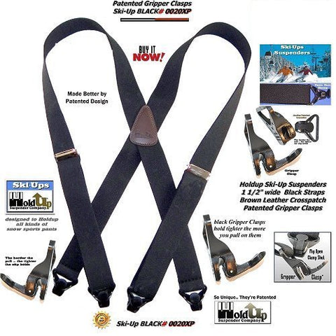 Holdup Black 1 1/2" wide  XL SKI-Ups with US patented gripper clasps and brown leather X-back crosspatch embossed with Holdup trademarked logo.