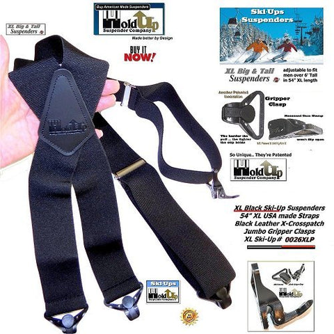 Holdup Black 2" wide XL Ski-Up X-back Suspenders with Patented Jumbo Gripper Clasps